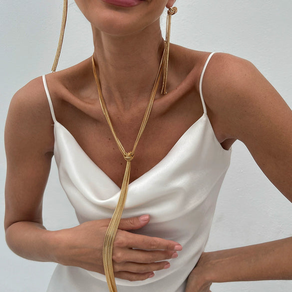 Metal Chain Geometric Knotted Tassel Necklace For Women With Electroplating