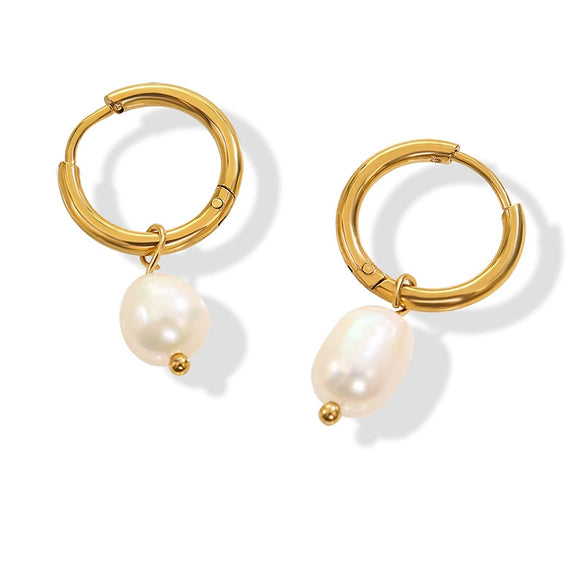Metal Circle Ear Buckle Freshwater Pearl Pendant Earrings With Titanium Steel And 18K True Gold Plated Electroplated Geometric Style