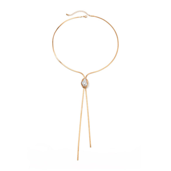 Metal Clavicle Chain With Imitation Pearl Pendant Geometric Style Electroplated For Women