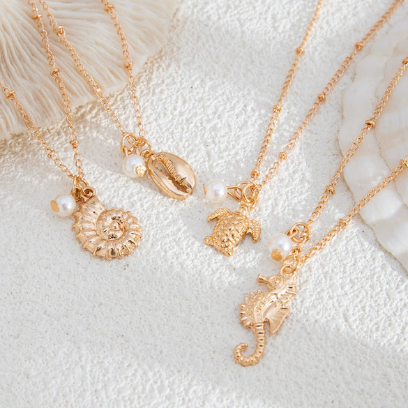 Metal Clavicle Necklace With Conch Shell Imitation Pearl Seahorse Tortoise Animal Zodiac Geometric Electroplated Design