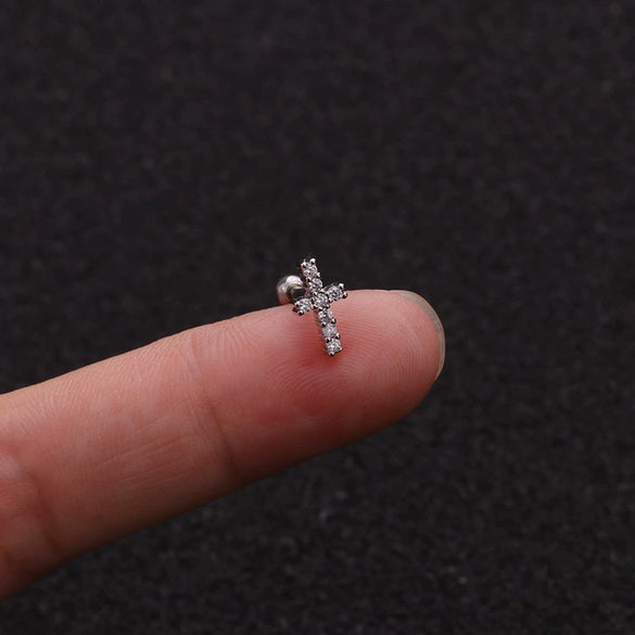 Metal Cross Ear Bone Stud Piercing Screw Earrings With Crown Floral Design Light Luxury Style Electroplated