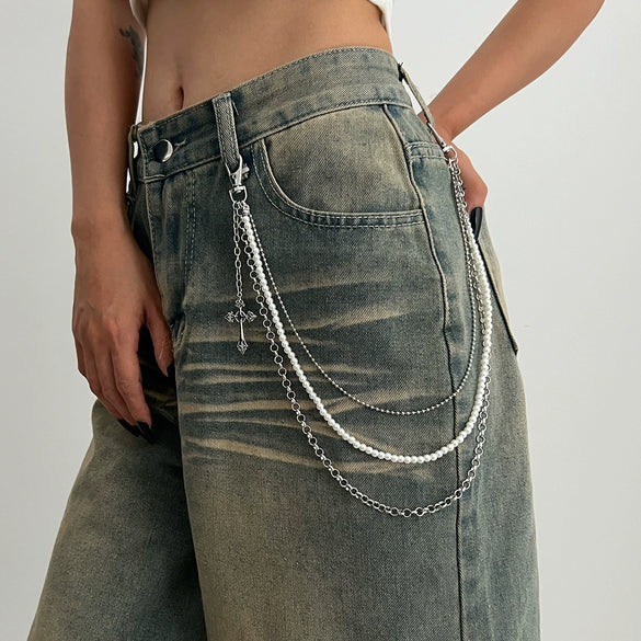 Metal Cross Pendant Pants Chain Punk Style Imitation Pearl Beaded Waist Accessory