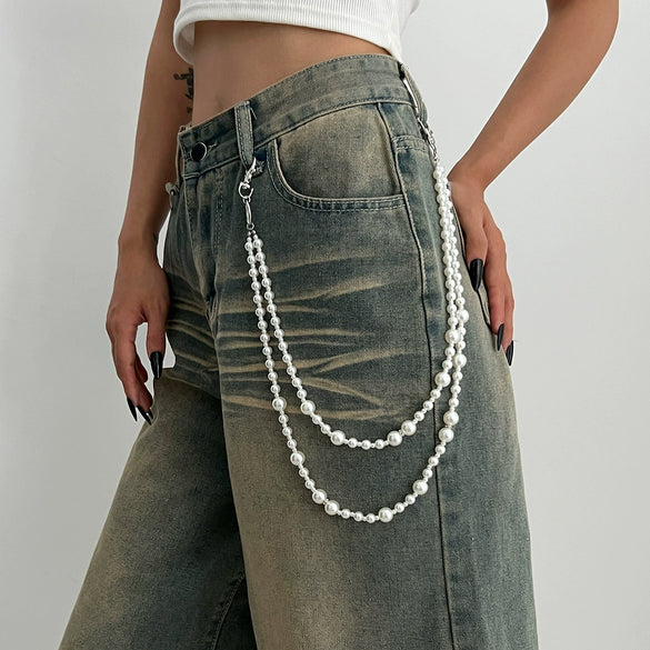 Metal Cross Pendant Pants Chain Punk Style Imitation Pearl Beaded Waist Accessory