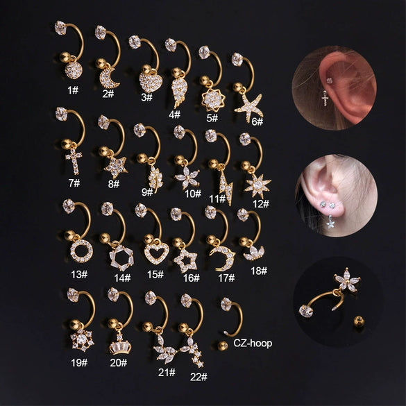 Metal Cshaped Ring Piercing Flower Zircon Pendant Women's Geometric Earrings