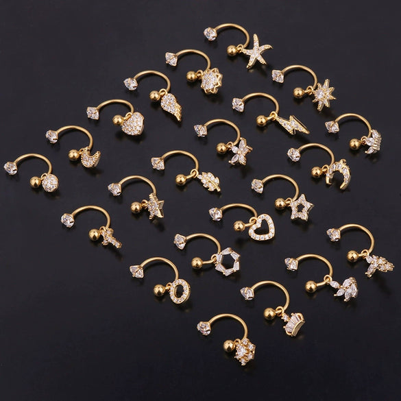 Metal Cshaped Ring Piercing Flower Zircon Pendant Women's Geometric Earrings