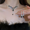 Metal Diamond Inlaid Water Drops And Love Pattern Tassel Necklace And Earrings Twopiece Set For Women With Clavicle Chain