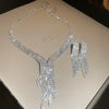 Metal Diamond Inlaid Water Drops And Love Pattern Tassel Necklace And Earrings Twopiece Set For Women With Clavicle Chain