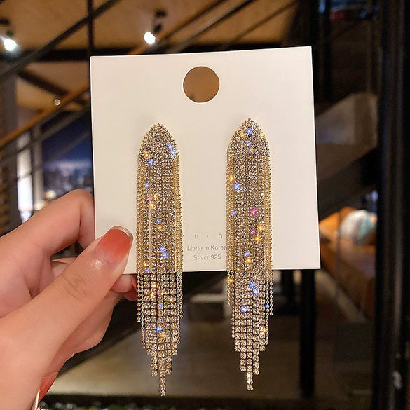 Metal Diamondencrusted Geometric Long Tassel Women's Earrings