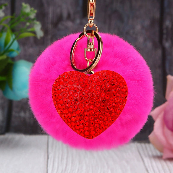 Metal Diamondencrusted Love Fur Ball Women's Car Keychain Bag Pendant