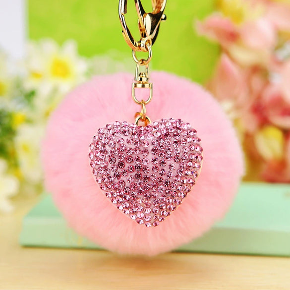 Metal Diamondencrusted Love Fur Ball Women's Car Keychain Bag Pendant