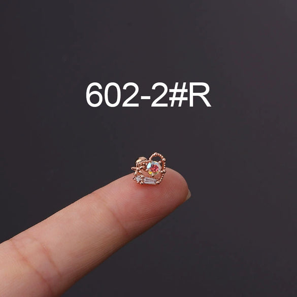 Metal Ear Bone Nail Set With Color Zircon Screw Ball Fine Needle Electroplated Flowers Piercing Earrings