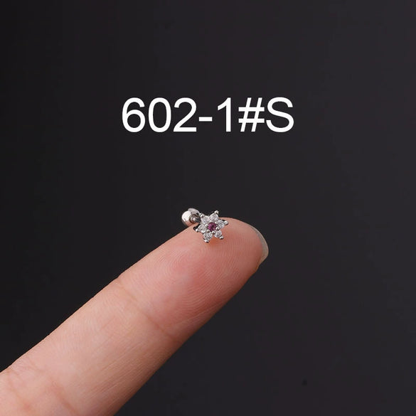 Metal Ear Bone Nail Set With Color Zircon Screw Ball Fine Needle Electroplated Flowers Piercing Earrings