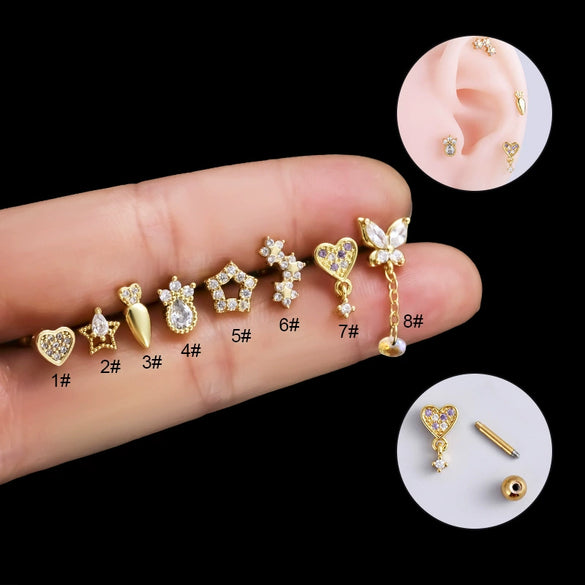 Metal Electroplated Love Fivepointed Star Butterfly Water Drop Heart Style Puncture Ear Nail For Women