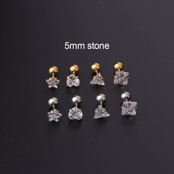 Metal Electroplating Geometric Fivepointed Star Heart Triangle Square Zircon Piercing Earrings For Women