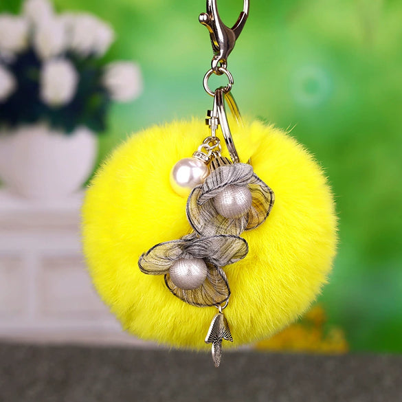 Metal Flower Female Plush Keychain Creative Bag Pendant