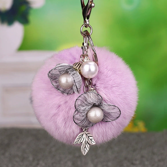 Metal Flower Female Plush Keychain Creative Bag Pendant