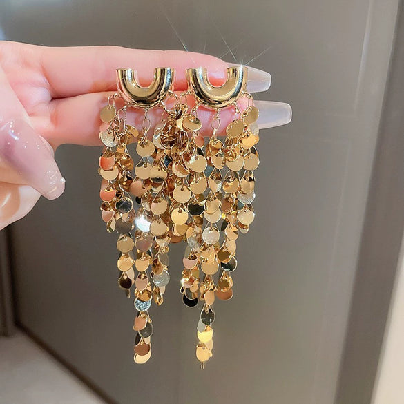 Metal Flower Tassel Earrings For Women Electroplated Light Luxury Style