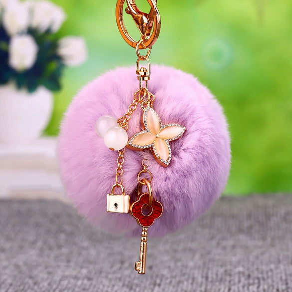 Metal Four Leaf Clover Car Keychain For Female As Plush Creative Bag Pendant