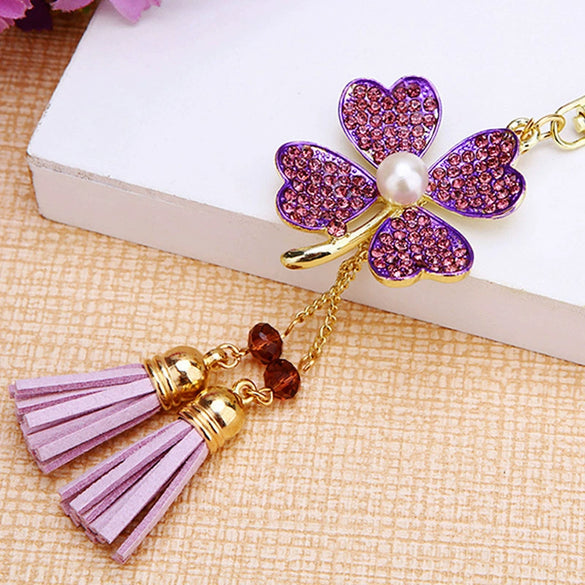 Metal Four Leaf Clover Rhinestone Keychain For Women
