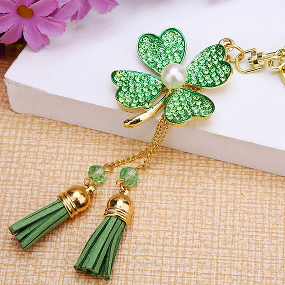 Metal Four Leaf Clover Rhinestone Keychain For Women