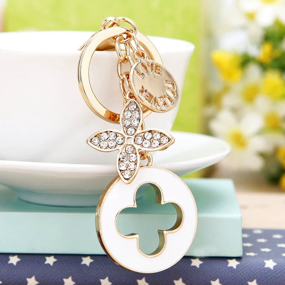 Metal Four Leaf Clover Rhinestone Keychain For Women