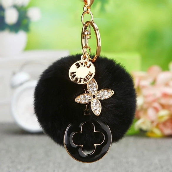 Metal Fourleaf Clover Car Key Chain And Velvet Bag Pendant For Women Suitable As Gifts