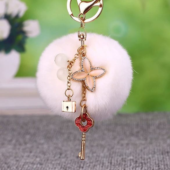 Metal Fourleaf Clover Car Key Chain And Velvet Bag Pendant For Women Suitable As Gifts