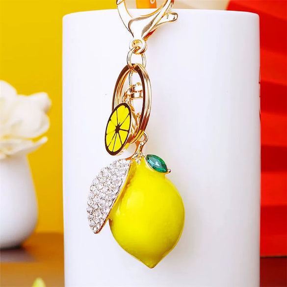 Metal Fruit Lemon Rhinestone Keychain For Female Cute Creative Bag Pendant Gift