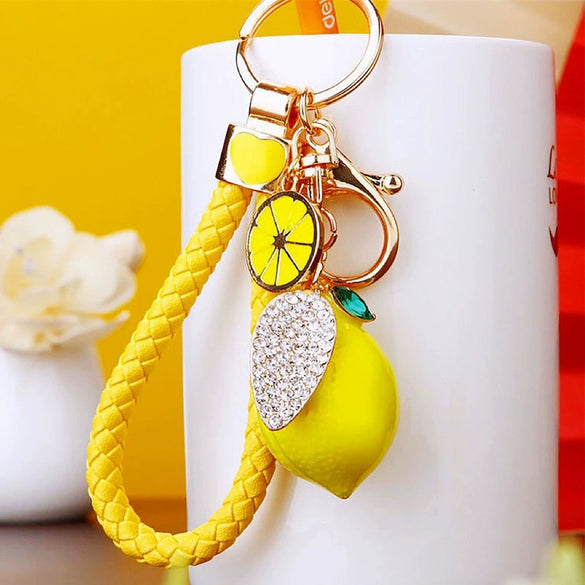 Metal Fruit Lemon Rhinestone Keychain For Female Cute Creative Bag Pendant Gift