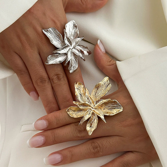 Metal Geometric Fivepetal Flower Stereo Open Winding Ring Electroplated Ins Style For Women
