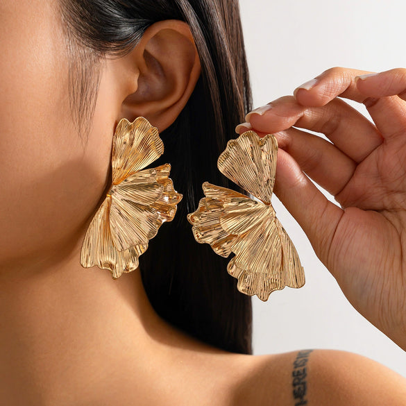 Metal Geometric Irregular Pleated Flower Bow Earrings Electroplated