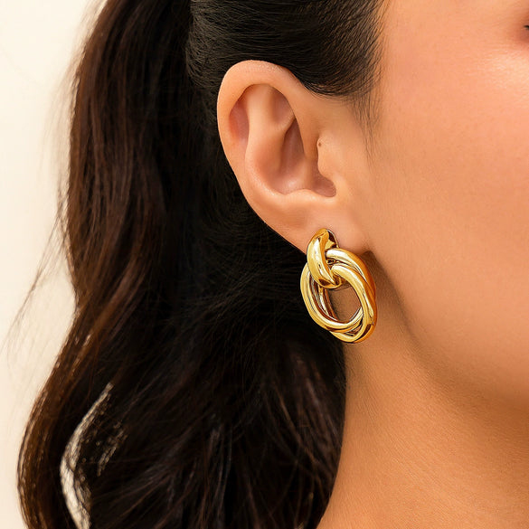 Metal Geometric Love Pleated Drop And Heart Shape Stud Earrings For Women With Electroplating Treatment