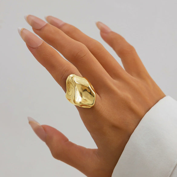 Metal Geometric Pleated Concaveconvex Open Finger Ring For Women With Electroplating