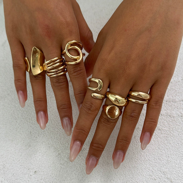 Metal Geometric Pleated Water Drop Ring Set For Women With Electroplating Design And Hiphop Style