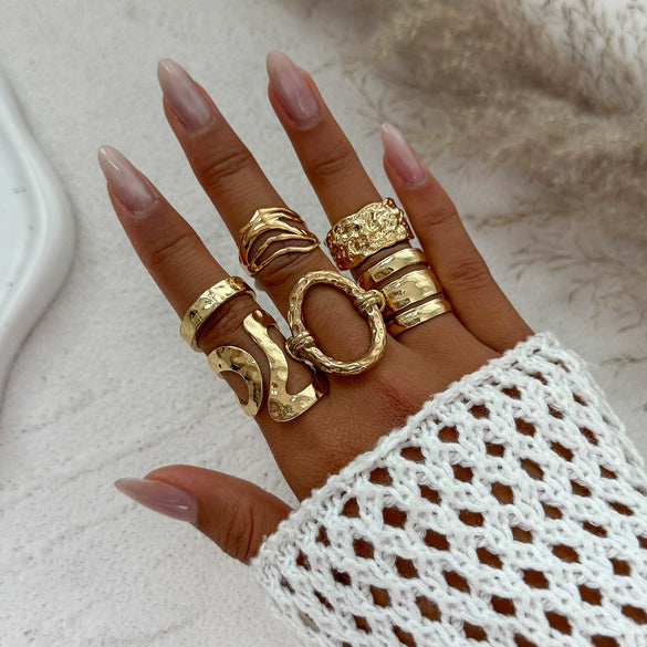 Metal Geometric Pleated Water Drop Ring Set For Women With Electroplating Design And Hiphop Style