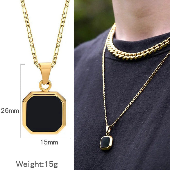 Metal Geometric Square Pendant Necklace Black And White Shell Electroplating Minimalist Men's