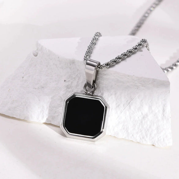 Metal Geometric Square Pendant Necklace Black And White Shell Electroplating Minimalist Men's