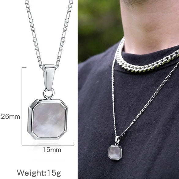 Metal Geometric Square Pendant Necklace Black And White Shell Electroplating Minimalist Men's