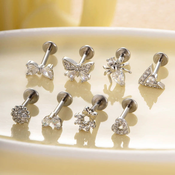 Metal Geometric Style Inner Thread Flat Bottom Rod Love Butterfly Lip Nail Ear Bone Nail Piercing Jewelry For Women With Electroplating Treatment