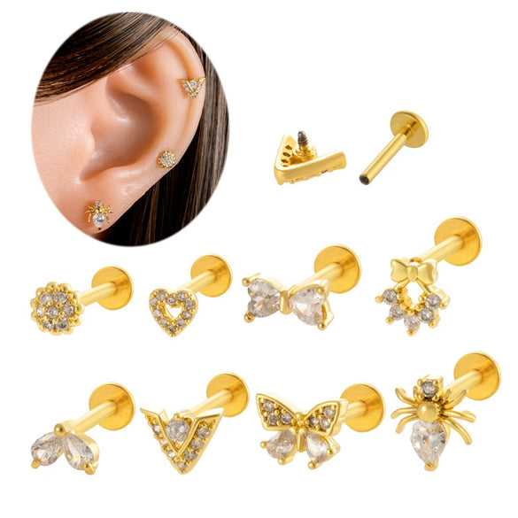 Metal Geometric Style Inner Thread Flat Bottom Rod Love Butterfly Lip Nail Ear Bone Nail Piercing Jewelry For Women With Electroplating Treatment