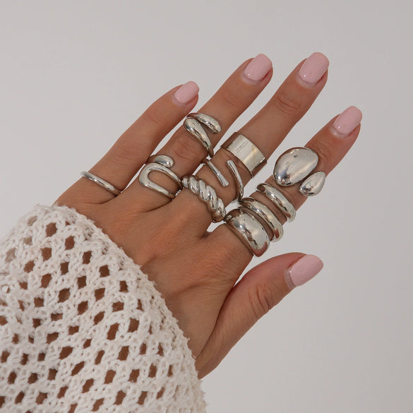 Metal Geometric Water Drop Hug Ring Set For Women With Electroplating Style