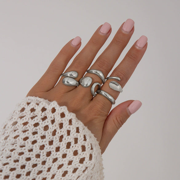 Metal Geometric Water Drop Hug Ring Set For Women With Electroplating Style