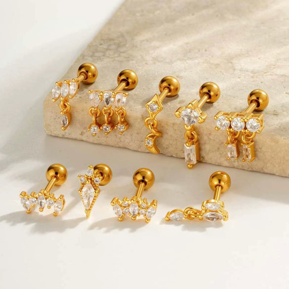 Metal Geometric Water Drop Zircon Inlaid Piercing Ear Nail For Unisex Fashion Style Set With Diamonds