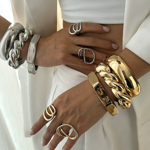Metal Glossy Thread Stacked Geometric Sixsided Mirror Bracelet Retro Electroplated