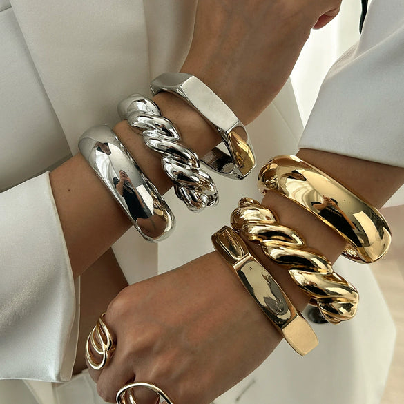 Metal Glossy Thread Stacked Geometric Sixsided Mirror Bracelet Retro Electroplated