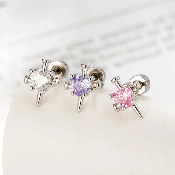 Metal Heart Shape Zircon Set Piercing Earrings