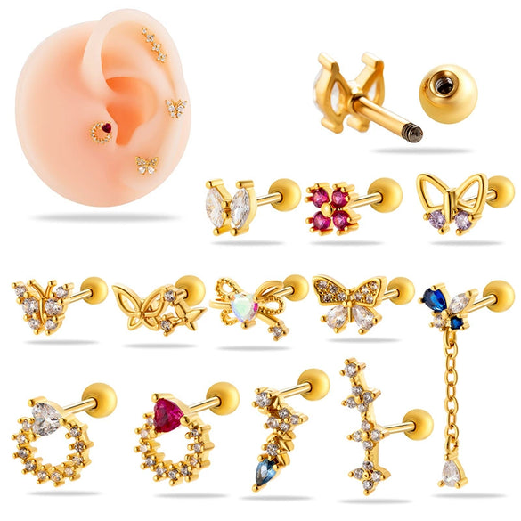 Metal Heart Styling Electroplated Double Head Screw Butterfly Ear Bone Nail For Women