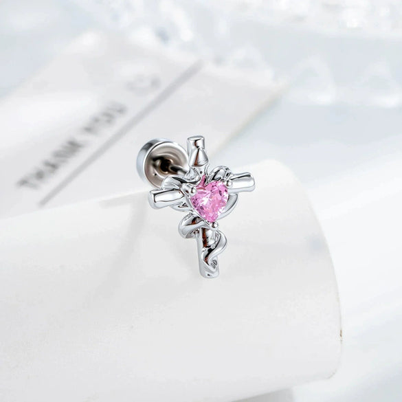 Metal Heartshaped And Snakeshaped Winding Cross Design Zircon Earrings For Couple Piercing Fashion Style