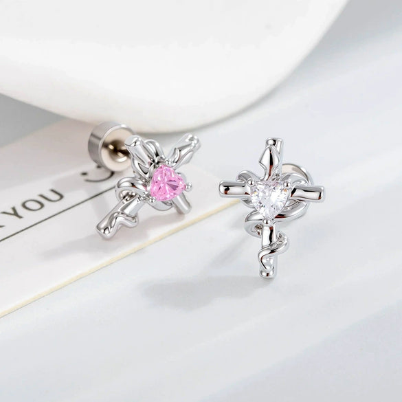 Metal Heartshaped And Snakeshaped Winding Cross Design Zircon Earrings For Couple Piercing Fashion Style