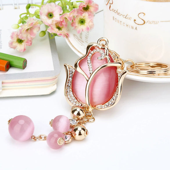 Metal Keychain With Rhinestone Moonstone Tulip And Rose Design For Women